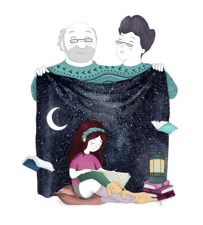 Ilustración infantil de los abuelos y la comunidad educativa por soy rio ilustración