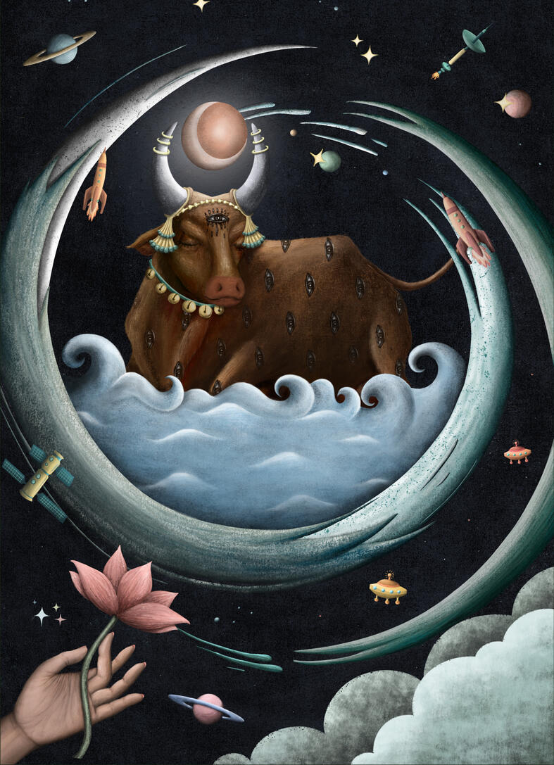 Indian cow meditating. Illustration, yoga and meditation by SoyRio