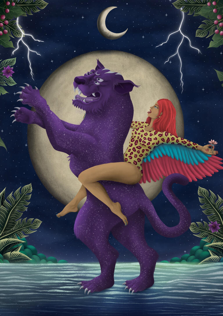 Y ahí va Kali avanzando sin temor a lomos de su tigre estelar, transmutando su dolor en valentía, y su frustración en coraje. Algunos la temen, otros la tachan de demonio, incapaces de comprender su poder abrumador Illustration, yoga and meditation by SoyRio. Kali