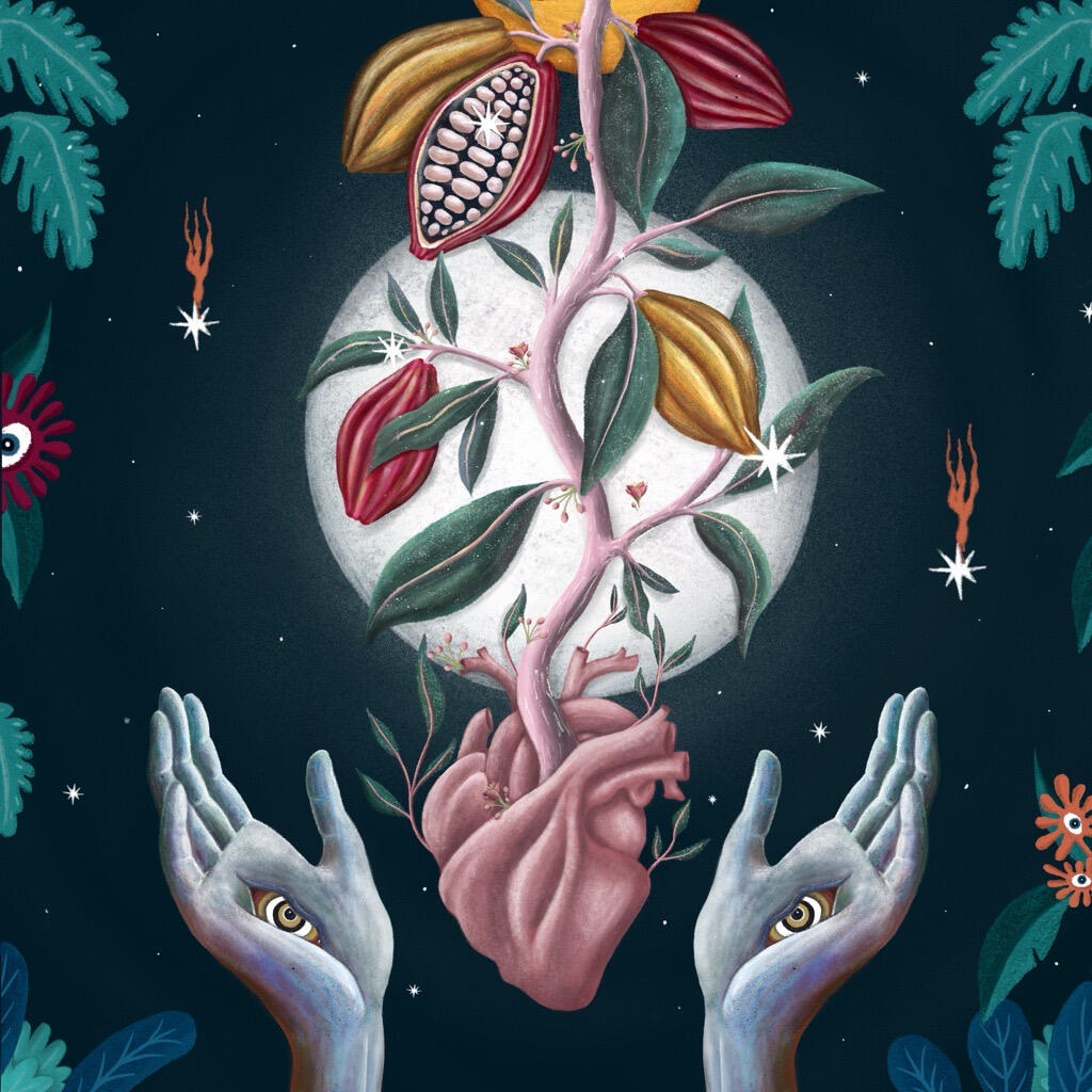 Illustration, yoga and meditation by SoyRio. Cacao Ceremony