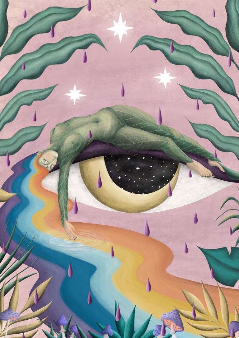 La lluvia que cae y limpia nos recuerda descansar un tiempo, para reverdecer después Rainbow woman. Illustration, yoga and meditation by SoyRio
